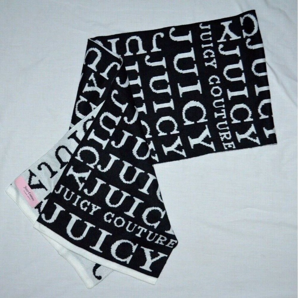 Juicy Couture Scarf Logo Black White Knit Scarf Classic 66" Long 11" Wide Y2K